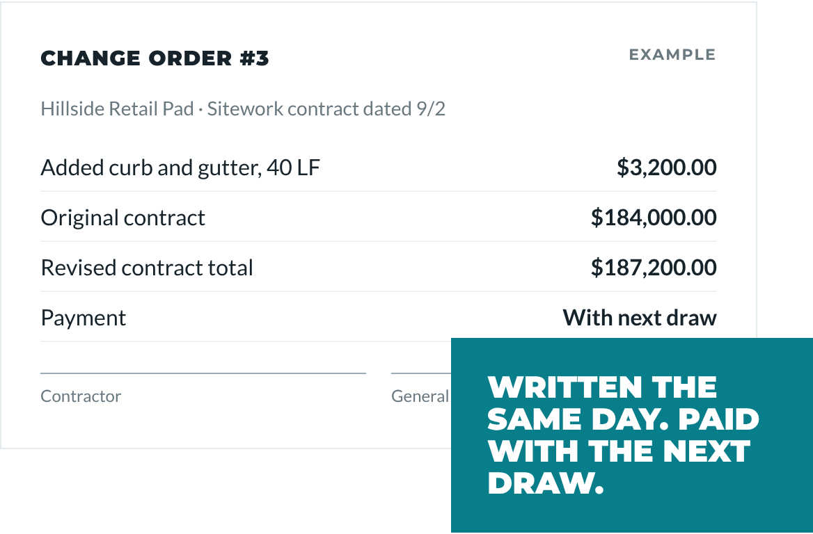 Example change order for added curb and gutter showing the original and revised contract totals